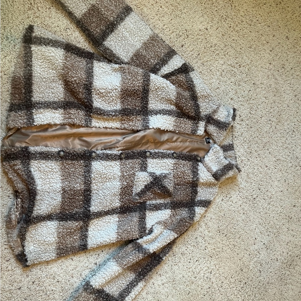 SHEIN Checkered Teddy Jacket - Brown and Cream
